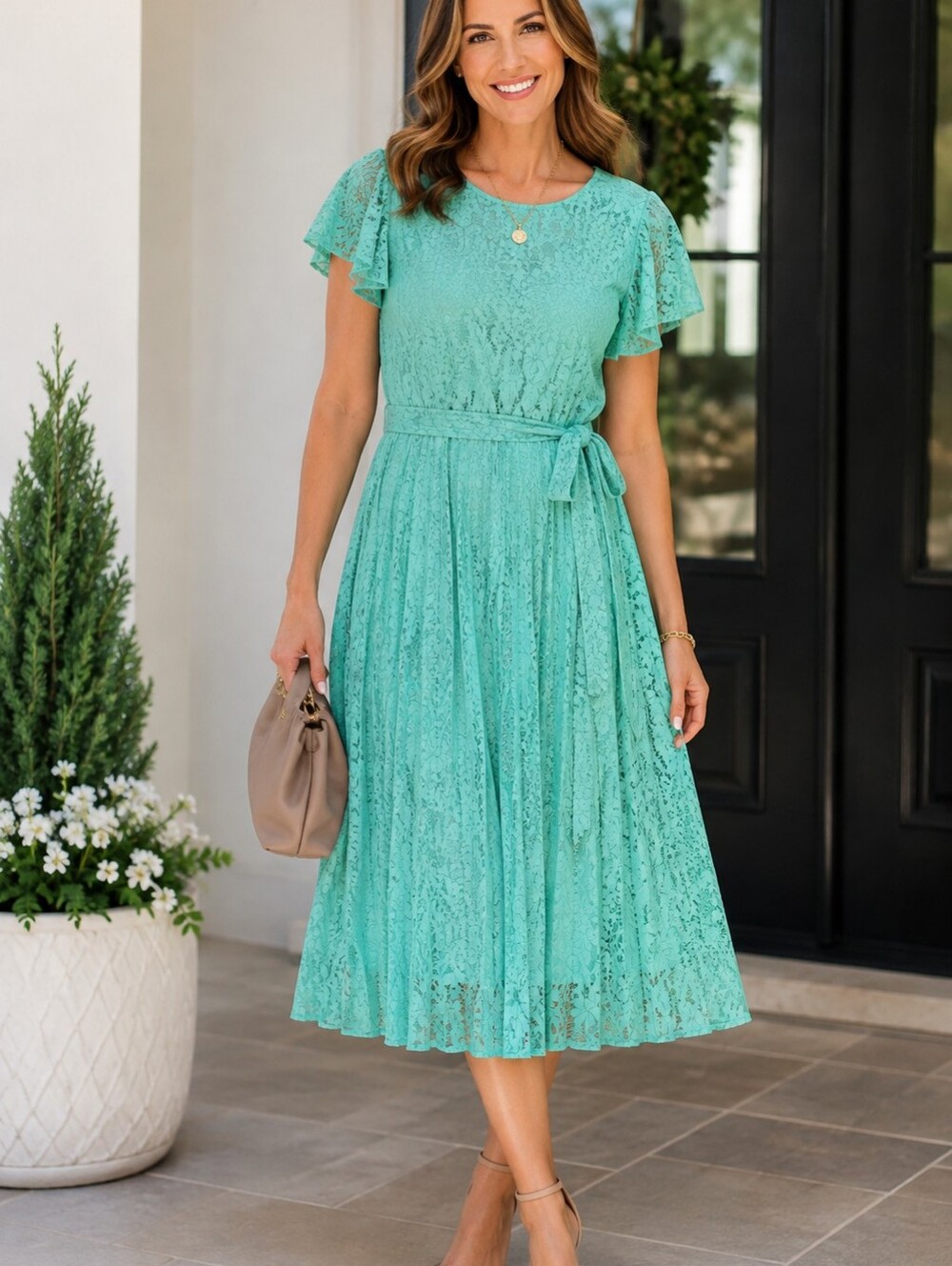Studio One Aqua Lace Pleated Midi Dress Flutter Sleeve Belted Size 8
